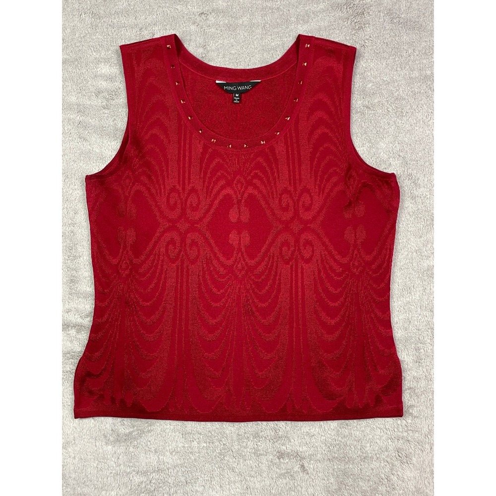 Ming Wang Red Knit Tank Top Women's Medium Studded Neckline Filament Acrylic